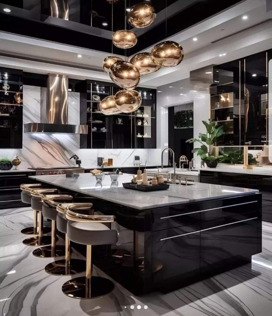 Luxury modern kitchen with gold pendant lighting and marble island in an upscale Dallas–Fort Worth home