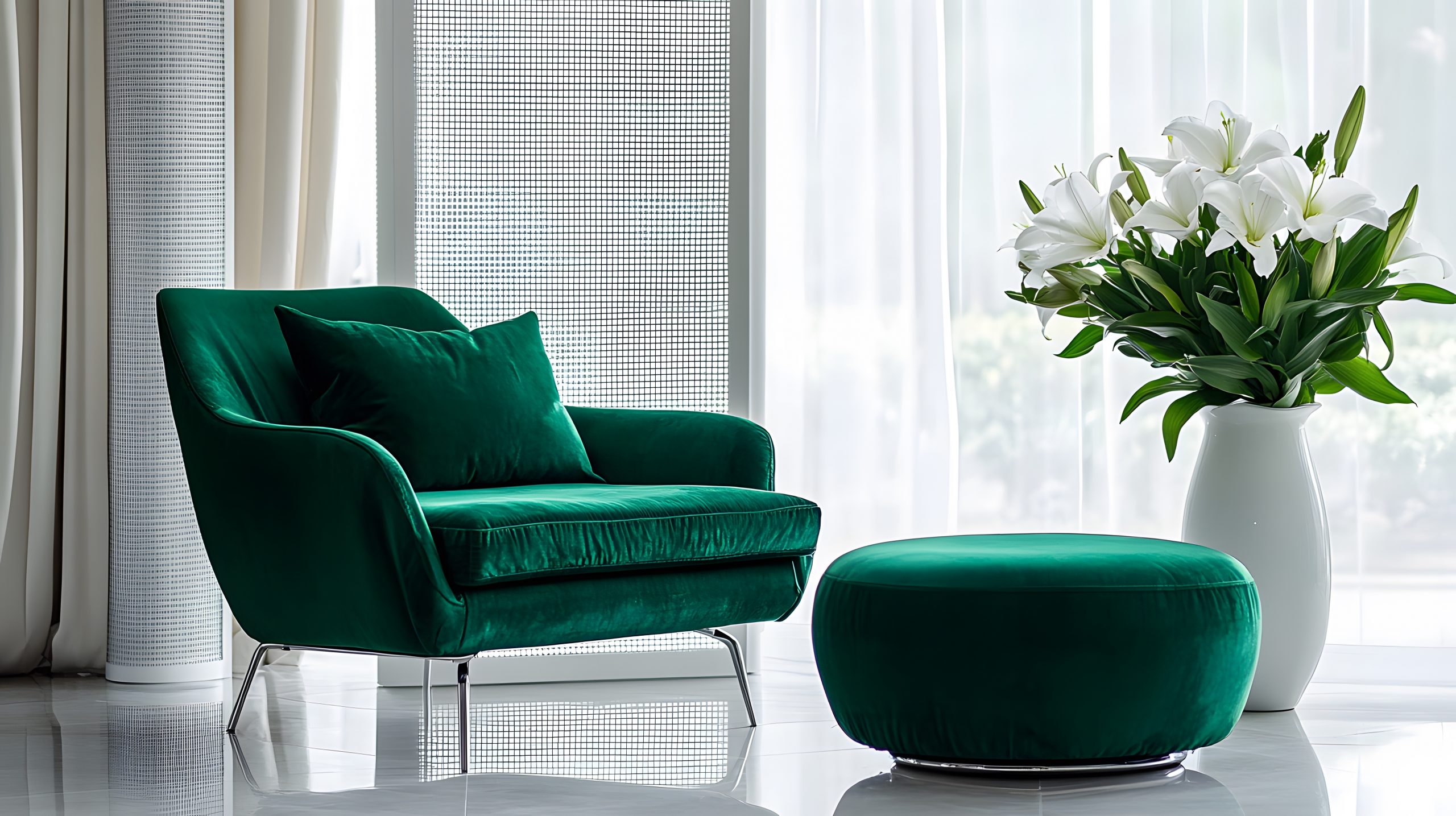 Elegant emerald green chair and ottoman with white lilies in a modern luxury home interior