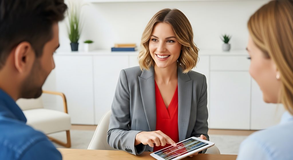 Real estate agent showing property listings to homebuyers during a consultation in the Dallas–Fort Worth housing market