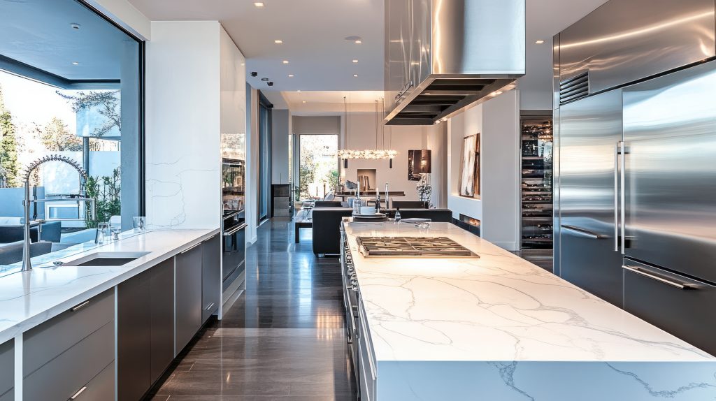 Luxury modern kitchen with marble countertops, stainless steel appliances, and large island in a Dallas–Fort Worth home