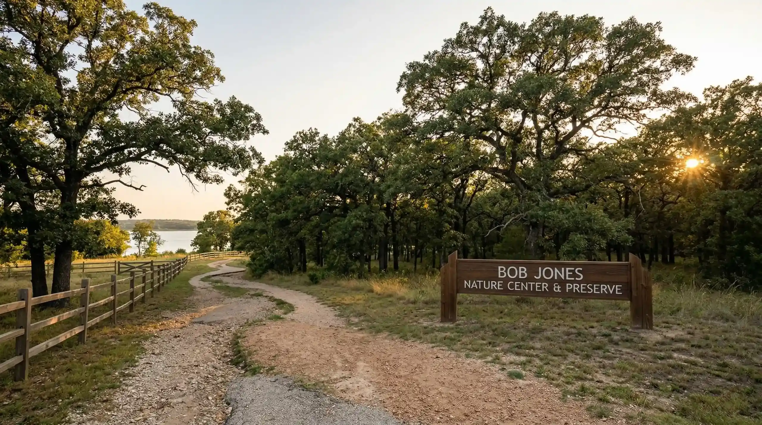 Trail entrance at Bob Jones Nature Center and Preserve with lake view