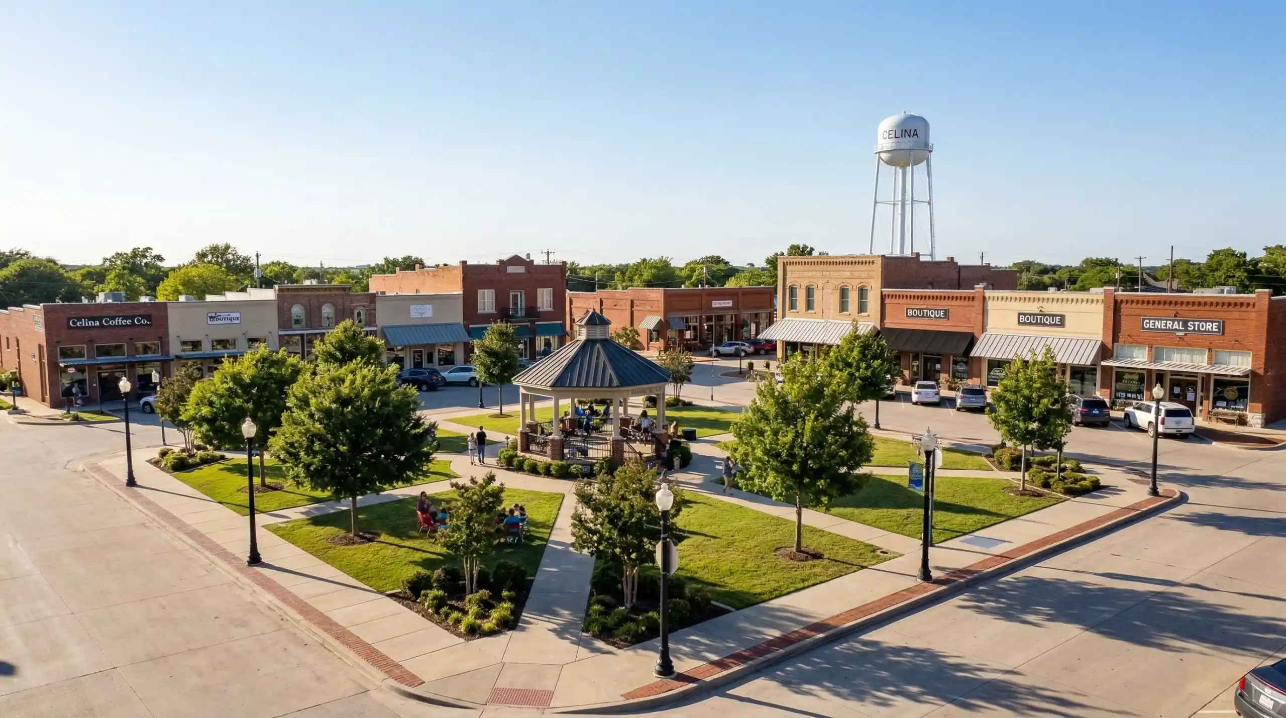 Celina Texas Downtown Square Daytime Park Shops DFW Homes For Sale