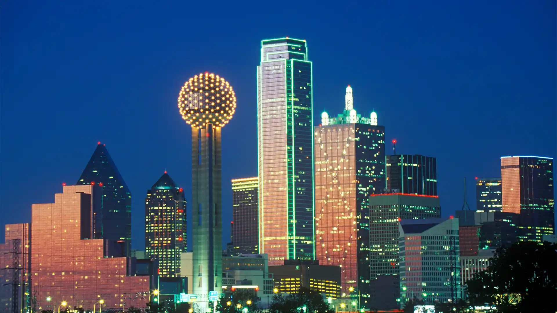 Dallas Texas Reunion Tower Skyline Night Downtown Homes For Sale DFW