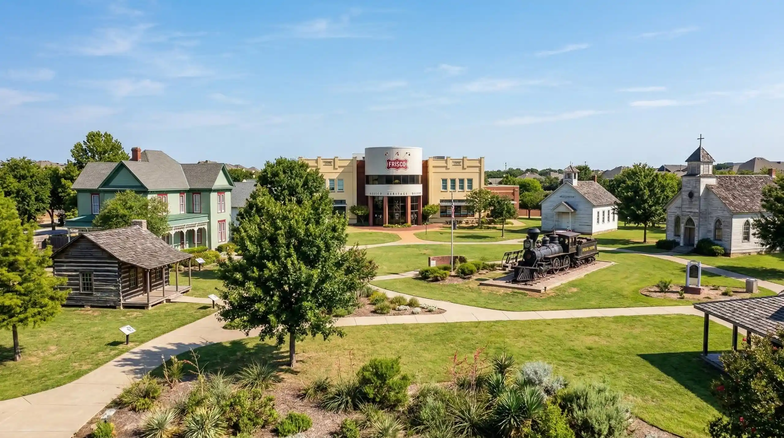 Frisco Texas Heritage Museum historic village with train display and preserved buildings