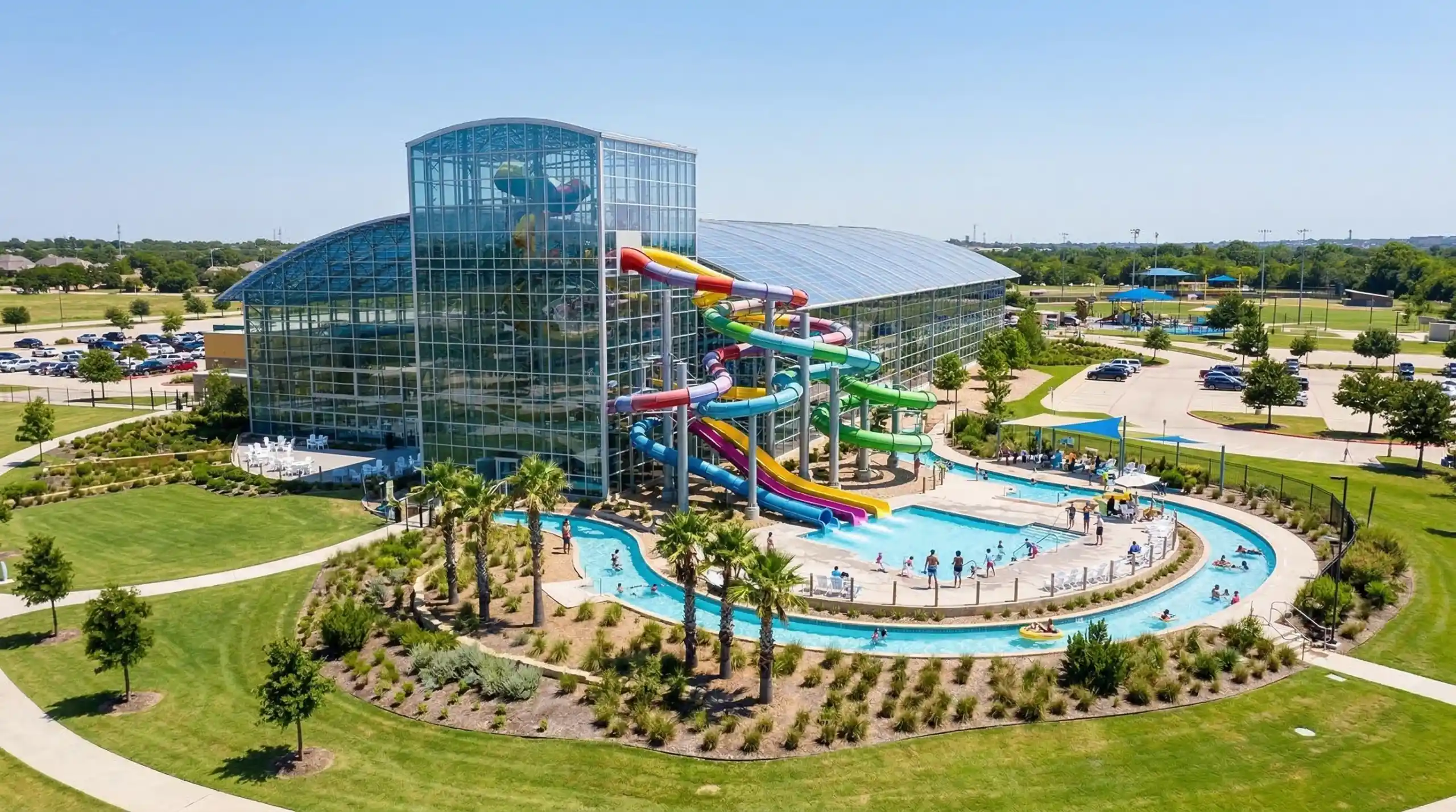 Grand Prairie Texas Epic Waters indoor waterpark with colorful slides aerial view