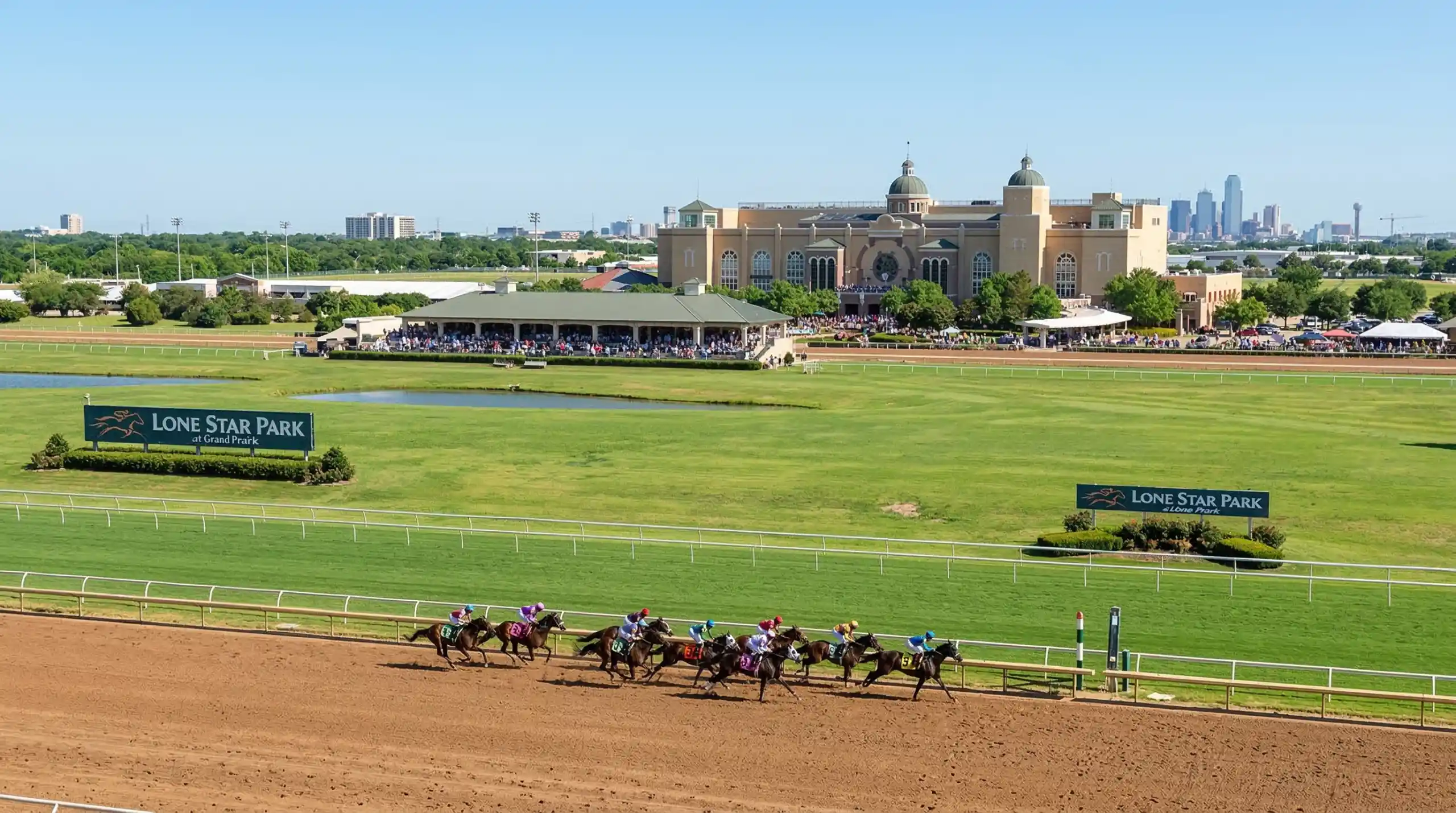 Grand Prairie Texas Lone Star Park horse racing track with Dallas skyline in background