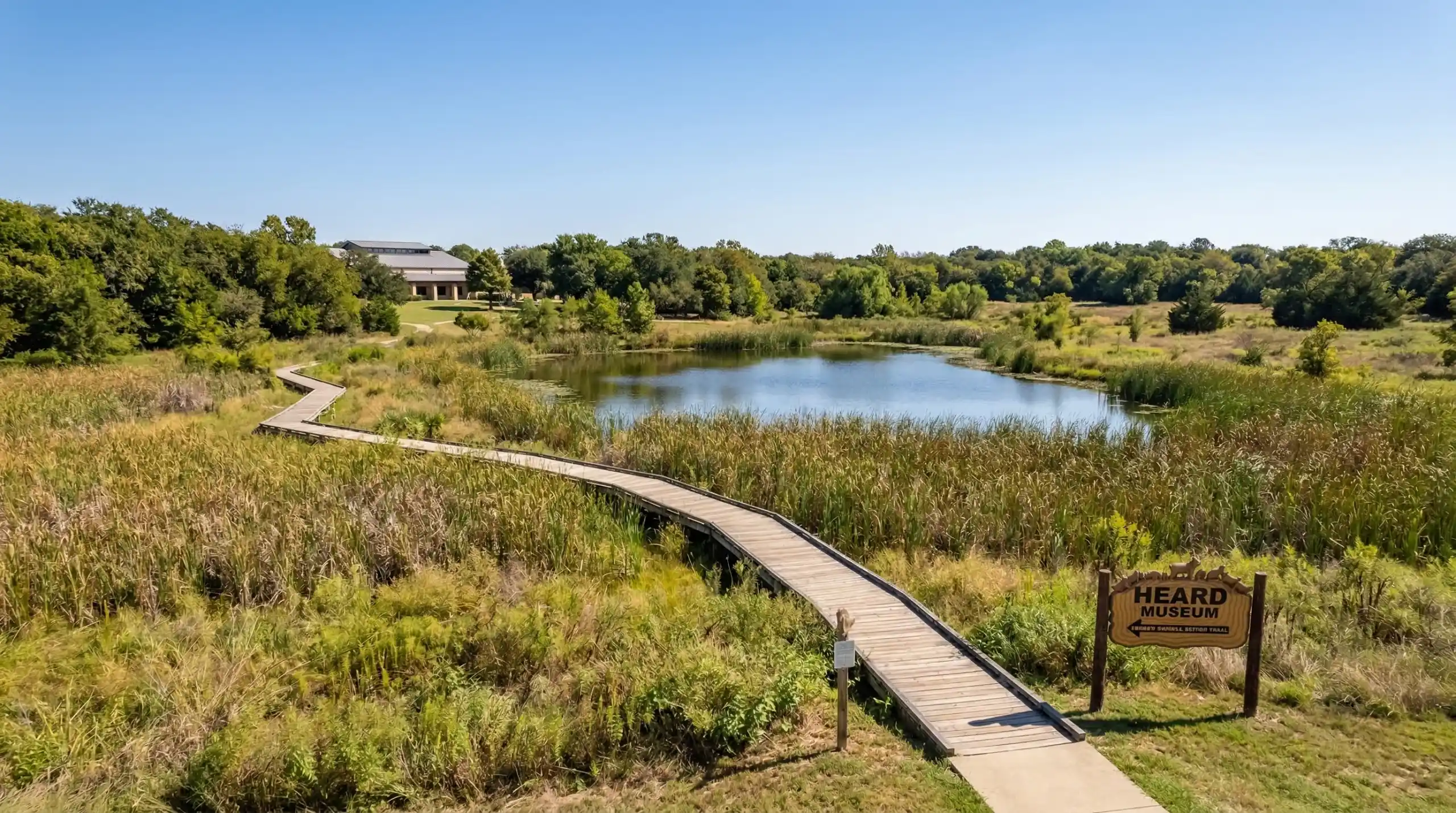 Wooden boardwalk trail at Heard Museum nature preserve in McKinney Texas