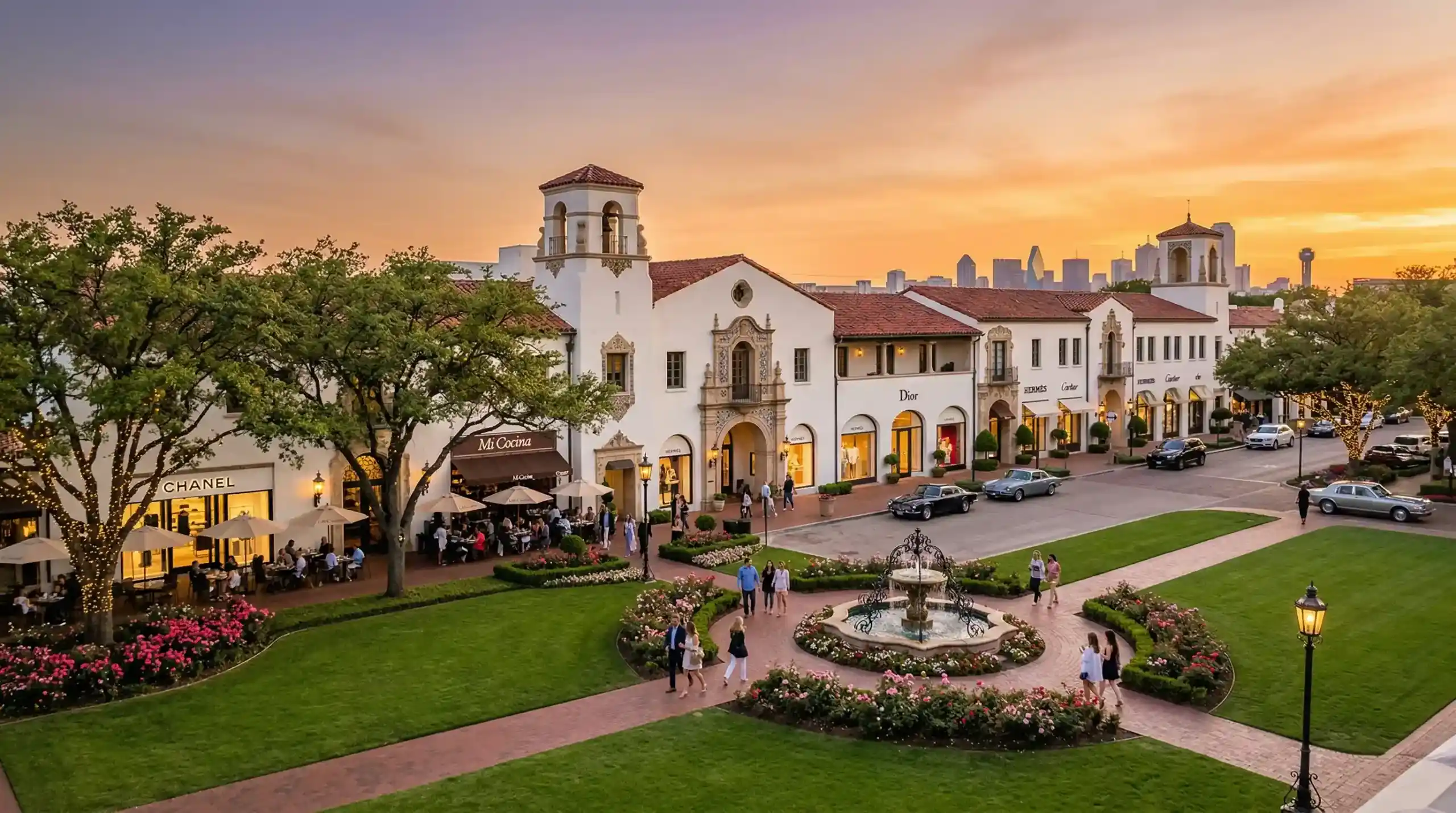 Highland Park Village in Texas with luxury shops, fountain plaza, and Dallas skyline at sunset