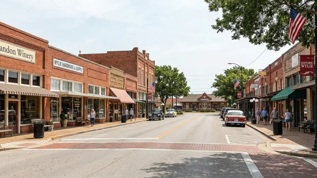 Historic downtown Wylie Texas main street with local shops and storefronts