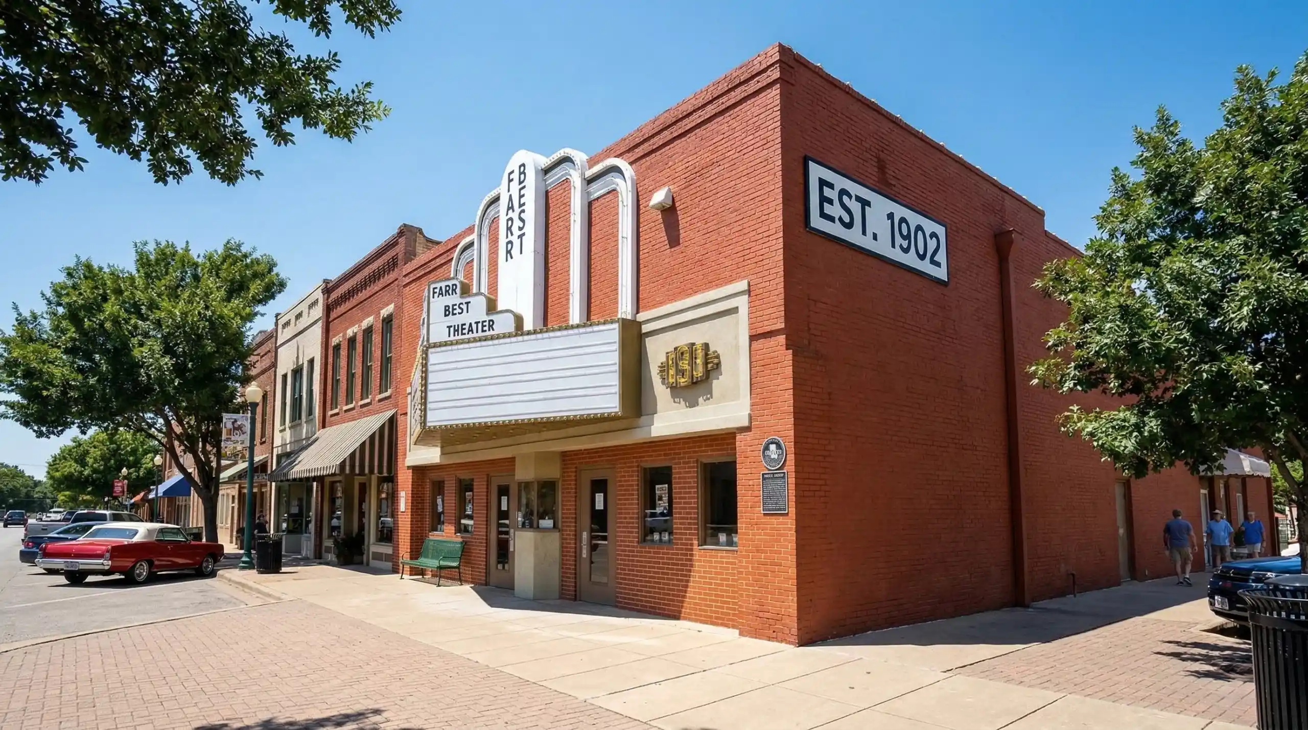 Farr Best Theater in historic downtown Mansfield Texas with classic marquee and brick facade