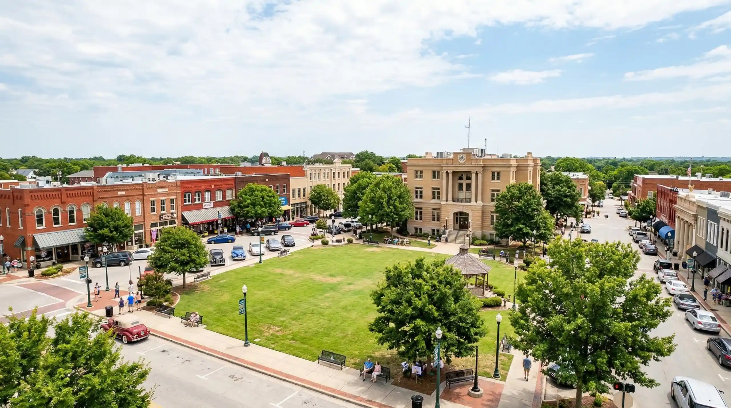 Aerial view of McKinney Texas downtown square with courthouse and park