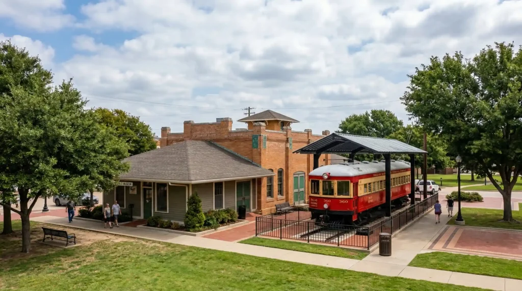 Historic red train car display at Heritage Farmstead Museum in Plano Texas