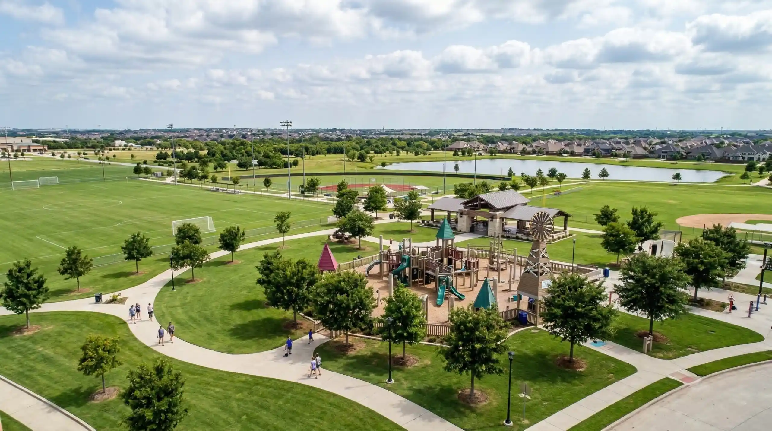 Community park in Prosper Texas with playground, sports fields, and walking trails