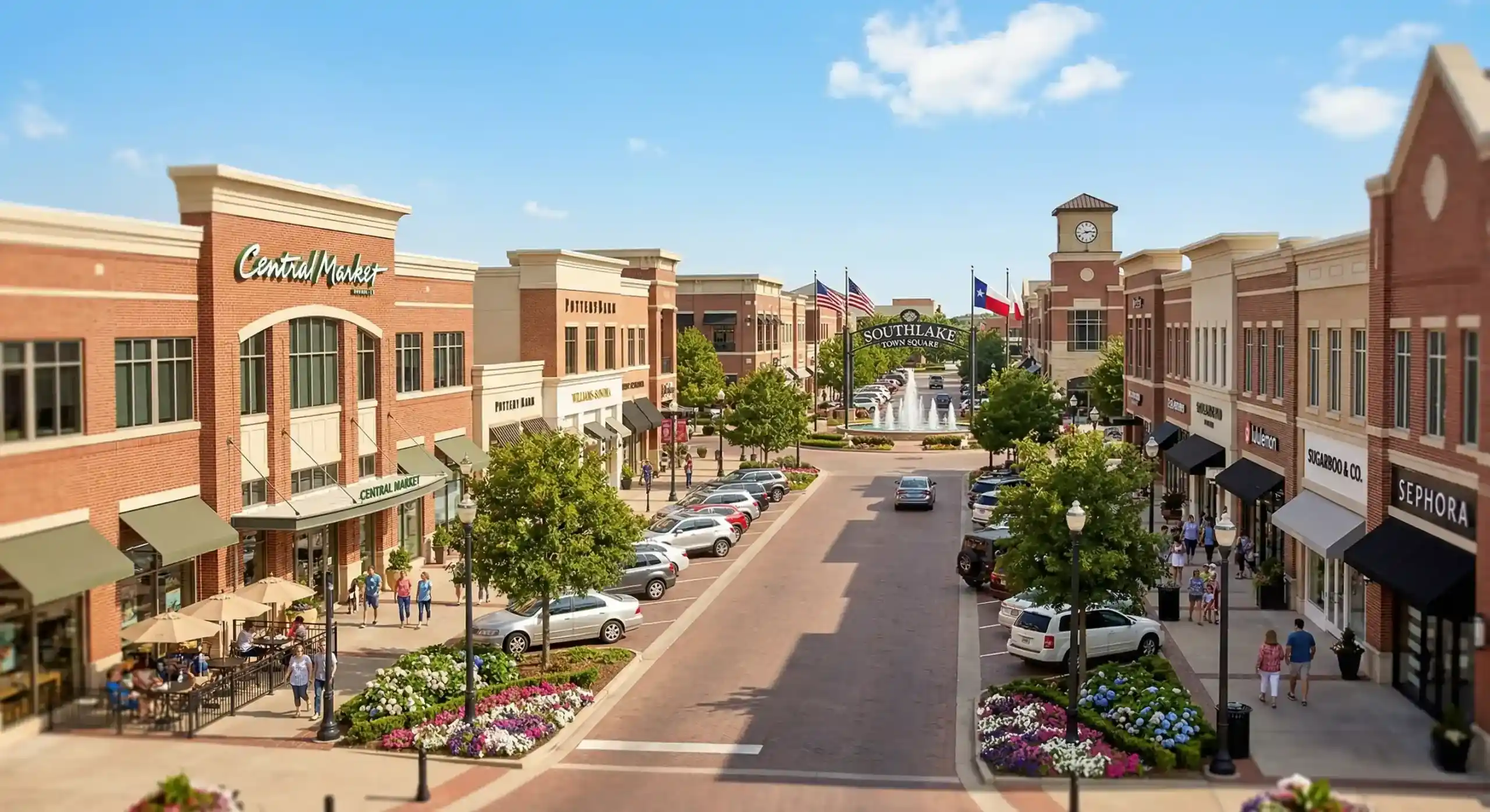 Southlake Town Square shopping district with Central Market and retail stores